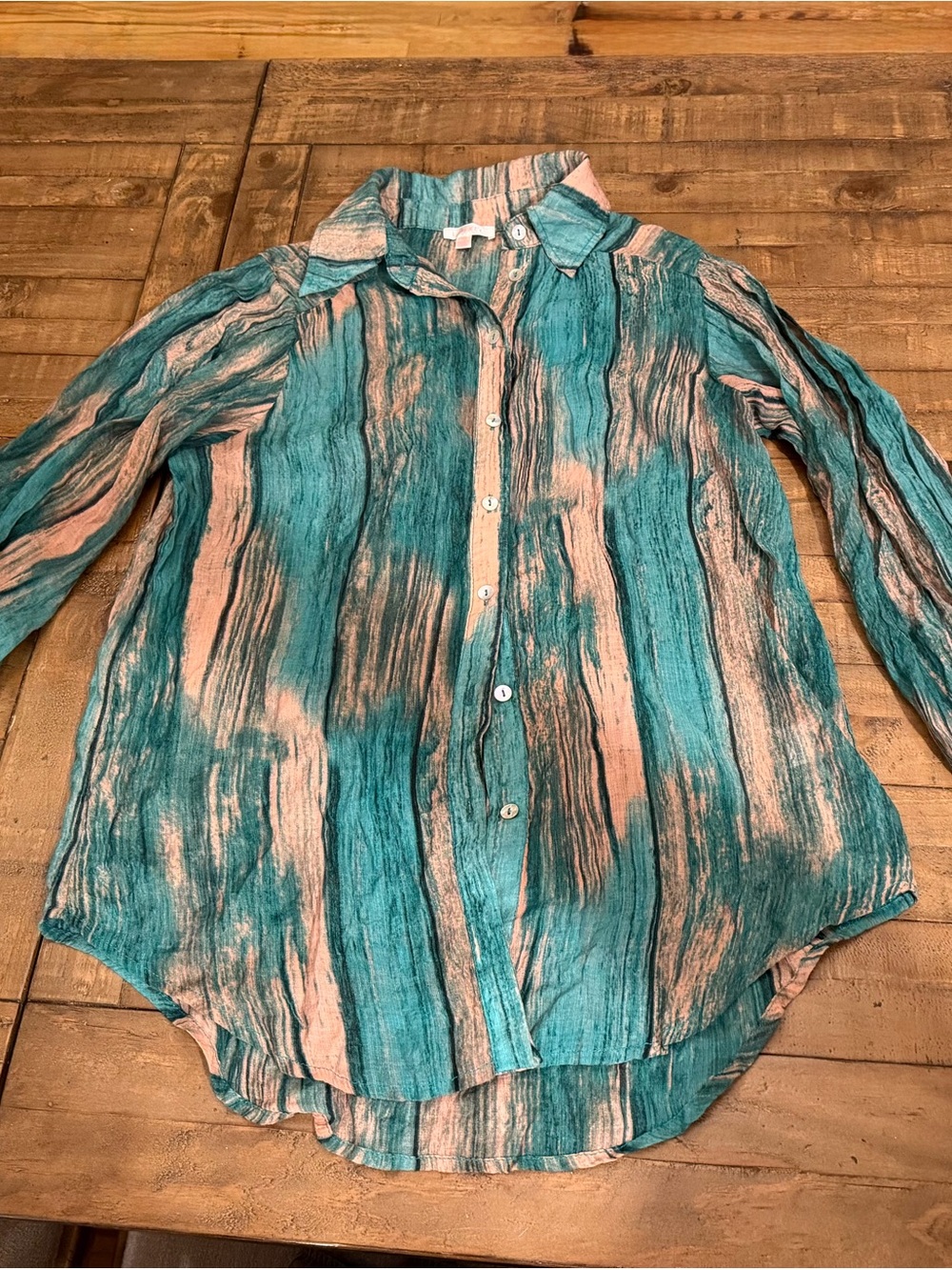 Luxxel Teal and Blush Abstract Stripe Button-Down Shirt